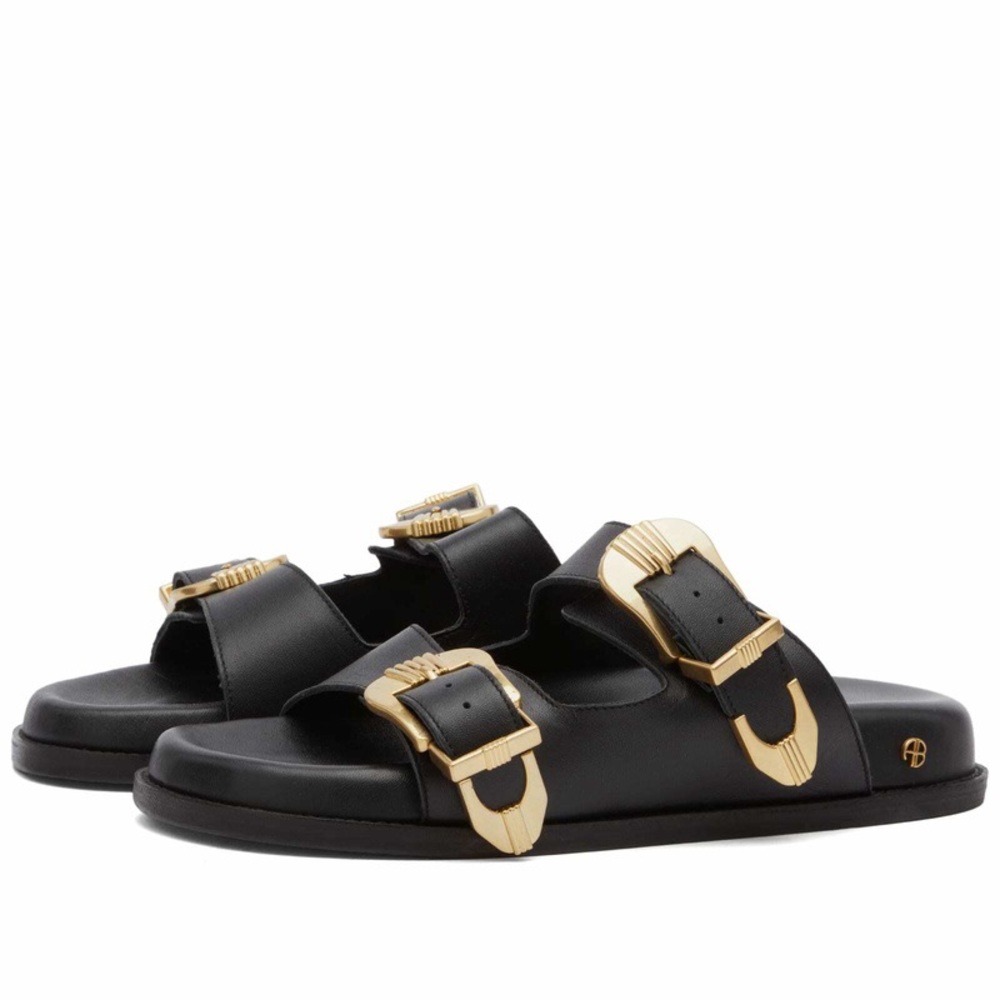 Anine Bing Waylon Slides - Black and Gold Buckle leather Sandals